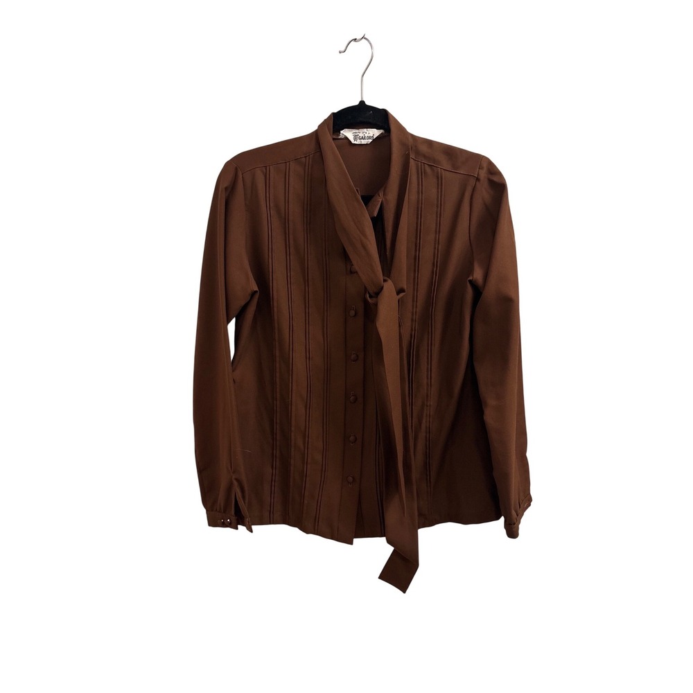 Vintage‎ Gailord Brown Tie Neck Pintuck Blouse Long Sleeve Button Up Medium